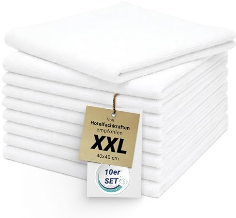 ZOLLNER 10er Set Mikrofasertücher für streifenfreien Glanz - flusenfreie und saugstarke Reinigungstücher - waschbar bis 60°C - 40x40cm in weiß - Hotelqualität
