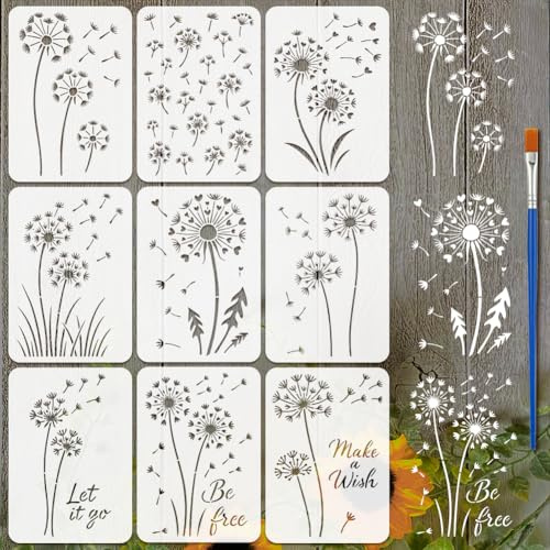 FINGERINSPIRE 9Styles Löwenzahn Musterschablonen Mit Einem Pinsel 29.7x21cm Herzform Löwenzahn Malschablonen Text Let It Go Zeichenschablonen PET Pflanzenthemen Vorlage Für Die Heimdekoration