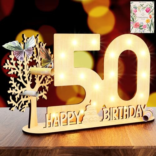 Originelle 50 Geburtstag Geschenk Mädchen & Jungen-geschenk zum 50 | 50 Geburtstag Deko mit LED Lichterkette Holz-Schild HAPPY BIRTHDAY Ständer & Gästebuch-Personalisierbares Geschenk