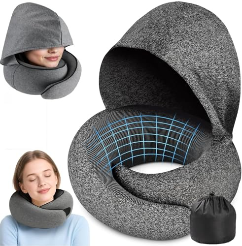 Purova Cuscino Cervicale con Cappuccio, Cuscino da Viaggio Aereo, Arrotolabile Senza Sforzo e Nello Scomparto integrato, Cuscino Cervicale per Aerei, Ufficio, Auto