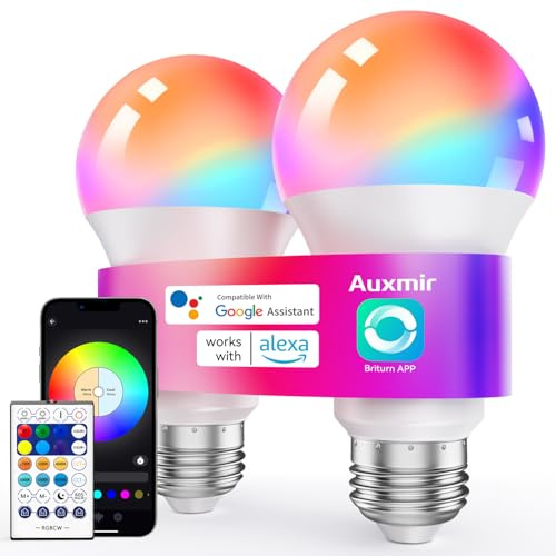 Auxmir Ampoule Connectée WiFi, Ampoule LED Intelligente E27 Multicolore 2700K-6500K 10W 800LM, Compatible Alexa/Google Home, 16 Millions Couleurs Dimmable, Commande Vocale, Economie d’énergie-2pack