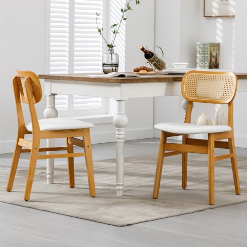 chairus Juego 2 de Sillas de Comedor Madera Maciza Sillas de Cocina con Respaldo Ratán, Sillas de Mesa Moderno de Cuero PU para Restaurante/Cafetería, Blanco
