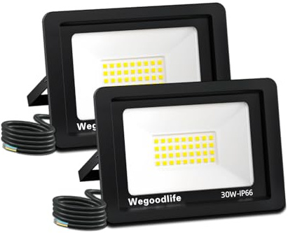 Wegoodlife 2 Piezas 30W Focos LED Exterior, Super Brillante 2335LM Foco Proyector LED, 6500K Blanco Frío Iluminación de Exterior, IP65 Impermeable, Lampara Foco LED para Jardín, Garaje, Patio, Terraza