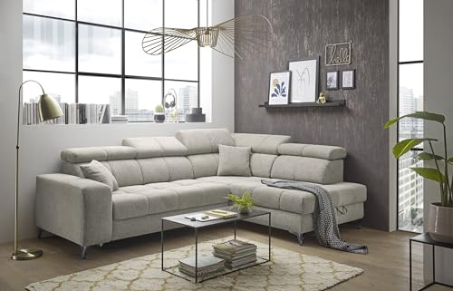 Stella Trading Sydney Ecksofa in Stone - Moderne Eckcouch in L-Form mit Bettkasten, Kopfteil- und Sitztiefenverstellung - 282 x 86 (105) x 198 cm (B/H/T)