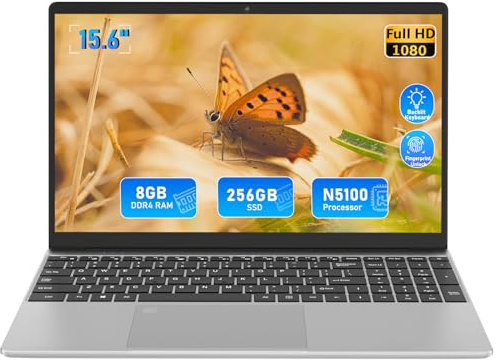 Trygood Laptop 15,6 Zoll Full HD IPS Display | Notebook mit Fingerabdruck-ID & Beleuchteter Tastatur, 8GB RAM 256GB SSD, Intel Quad-Core N5100, Schlankes Design für Business, Uni & Home Office