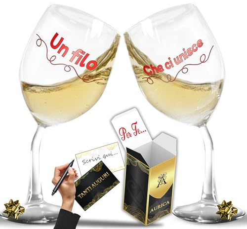 Aurìca 2 Calici Vino Personalizzati UN FILO CHE CI UNISCE – Per Brindare E Celebrare Un Legame Speciale A San Valentino - Regalo Romantico Di Coppia - Bicchiere Piegato Con Confezione Regalo Inclusa