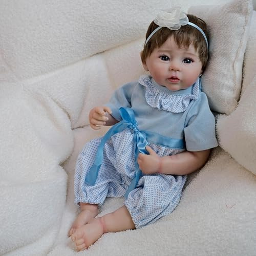 RXDOLL 46 cm realistiska nyfödda babydockor pojke, viktade babydockor med öppna ögon handrotat hår, helkropp silikon vinyl verklighetstrogen nyfödd docka med tillbehör