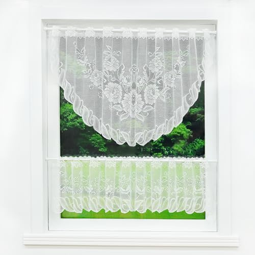 HeichkelL Scheibengardine 2 Teilige Spitze-Jacquard Vorhang Set Halb-Bogen HxB 60x160cm und Bistrogardine HxB 30x160cm Stangendurchzug Pfingstrose Muster Weiß