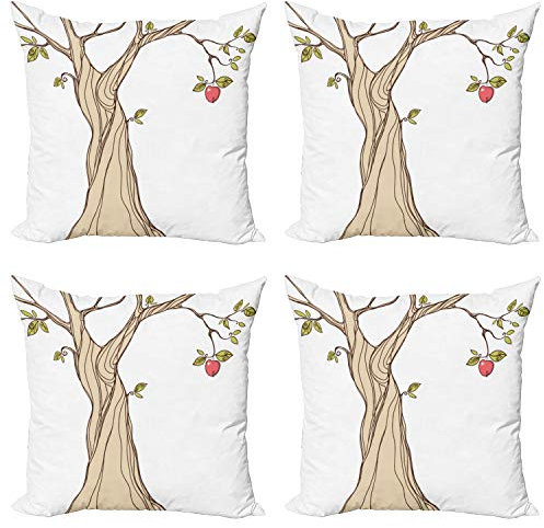 ABAKUHAUS Karikatur Kissenbezug Set (4 Stück), Apfelbaum mit Blättern Kunst, moderner doppelseitiger Digitaldruck, 40 cm, Beige Grün Coral