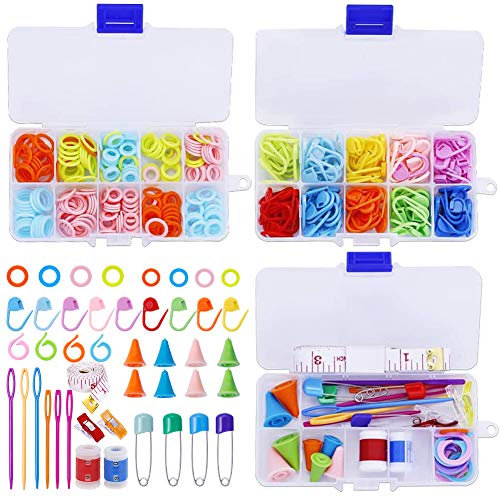 Bamru 381 Stücke Stricken Zubehör, Stricken Werkzeuge Set, Bunte Strick Markierer mit Maschenmarker Ringe, Maschenhalter, Stricken Nadlen und Plastik Aufbewahrungsbox für Stricken Häkeln Handwerk