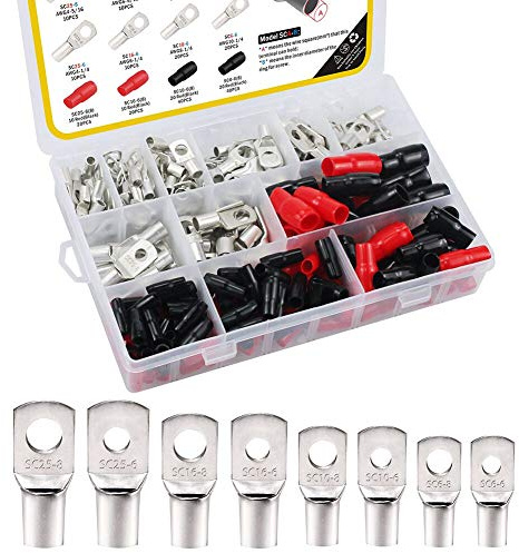 FIXITOK 240 Stück Bolzenloch Kabelschuh verzinnte Kupferklemmen Set, 120 Stück SC6-6/8 SC10-6/8 SC16-6/8 SC25-6/8 Rohrkabelschuhe SC Terminals + 120 Stück Rot Schwarz Isolierhülse Sleeve