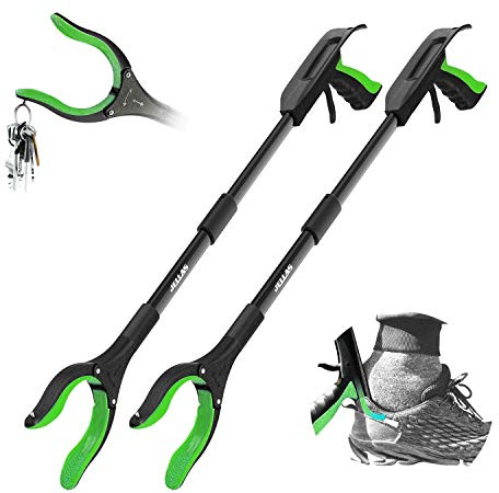 Jellas 2-Pack 32 Inch Grabber Reacher Tool with Shoehorn, 90° Rotating Head Grabber Tool for Elderly, Outdoor and Indoor Trash Picker Grabber(Green)