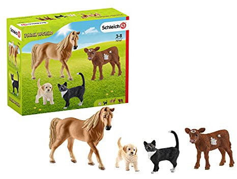 SCHLEICH Farm World Starterspielset, Bauernhof-Spielset, Geschenke für Kleinkinder und Kinder mit Katze, Pferd, Welpe und Kuh, 4-teiliges Set, ab 3 Jahren