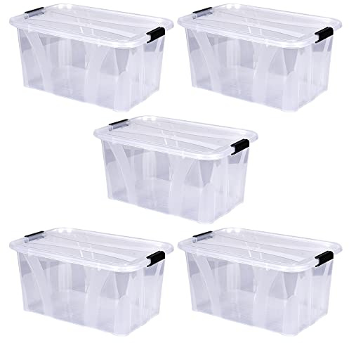 Aufbewahrungsbox + Deckel 5er Set, transparent versch. Gr. stapelbar | Lebensmittelbox Transportbox Vorratsbox Wäschebox Kunststoffbehälter Campingbox (L38,5xB25,5xH18,5cm - 14l)