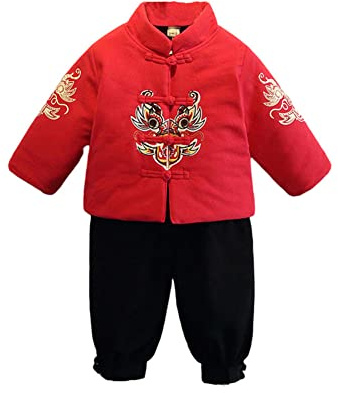 Mud Kingdom Traditional Little Boy Winter Outfits Tang Style Chinese New Year Suit Fleece Red Size 7-8