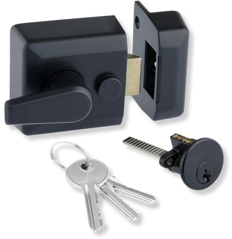 XFORT 60mm Matt Black Night Latch Standard Complete with Rim Cylinder, Lock Case, Two Keys and Trim Ring, Door Lock Provides Increased Home Security, for Front Door Lock.
