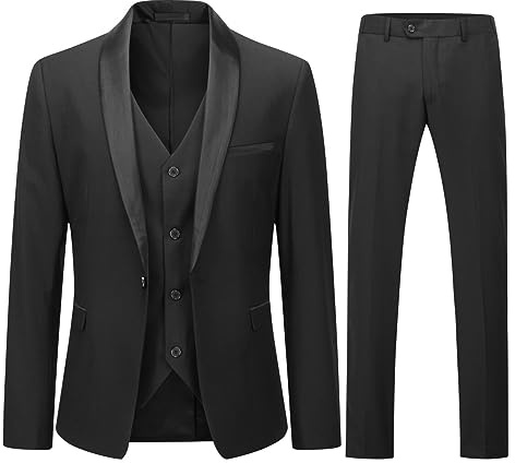 YOUTHUP Abito Uomo Slim Fit 3 Pezzi Abiti da Sposa Elegante Cerimonia Shawl Lapel Smoking Blazer Pantaloni Panciotto, Nero, M