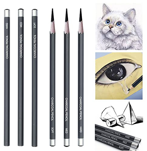 Kohle Set, Zeichenkohle, Kohlestiften, Kohlestifte für Skizzen, Kohlestifte Set, Professionelle Skizzierstifte, Künstlerbleistiften, Zeichenkohle in Schwarz mit 3 verschiedenen Härtegraden (6 Stück)