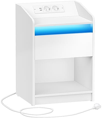 Hzuaneri Nachttisch mit LED-Licht, Beistelltisch mit Ladestation, 1 Aufbewahrungsschublade Nachttisch für Schlafzimmer, Wohnzimmer, 2 USB-Anschlüsse, 2 Steckdosen, offenes Fach, Weiß NS04703X1