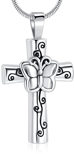 VCCWYQK Collier urne en acier inoxydable avec pendentif en forme de croix et papillon pour cendres - Bijou funéraire pour homme et femme, Acier inoxydable