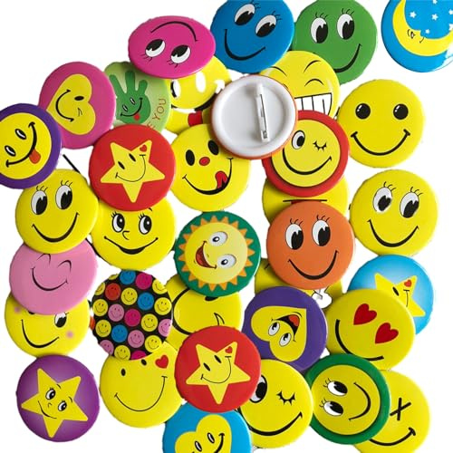 40 stycken smile nål-fästen, ansiktsmapp metallknappar, knappar, individuellt paket pin för utmärkelser studenter dekoration av kostymerna, 45 mm, Vitplåt, plast