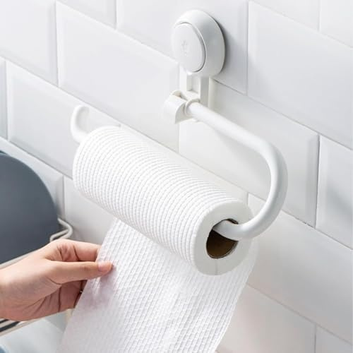 Küchenrollenhalter Weiß ohne Bohren, Saugnapf & Selbstklebend Wand | Plastik Rollenhalter für die Küche. Wandmontierter Papierrollenhalter ideal für Badezimmer, Waschbecken und WC