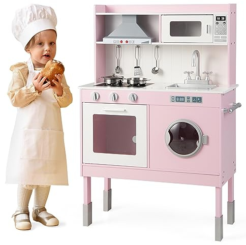 GOPLUS Cuisine Enfant, Jouet de Cuisine avec Effect Sonore et Lumière, Dinette Enfant d'Imitation Réglable en Hauteur avec 16 Accessoires, Horloge, Rangement, pour Garçons Filles 3 Ans+, Rose