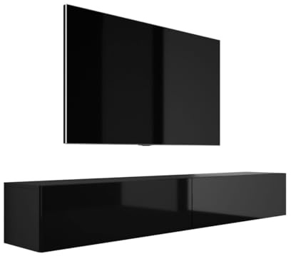 3xE Living Meuble TV Suspendu, D : L : 2 x 100 cm, H : 34 cm, P : 32 cm, Noir Mat/Noir Brillant
