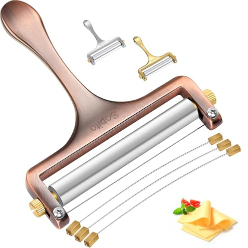 Sopito Cheese Slicer Stainless Steel With 3 Extra Wires Great for Cheddar, Gruyere, Raclette, Mozzarella Cheese Block, Adjustable Thickness, Copper