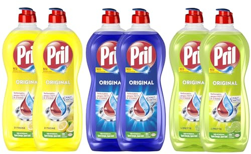 PRIL Original-Set 2x Limette & 2x Zitrone & 2x Original, Handgeschirrspülmittel-Set mit höchster Fettlösekraft, für sauberes Geschirr auch in kaltem Wasser, 6x 675ml