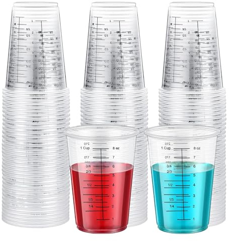 Taeku Plastic Measuring Cups with Mixing Sticks, 8 oz Clear Cup, 50 Pack