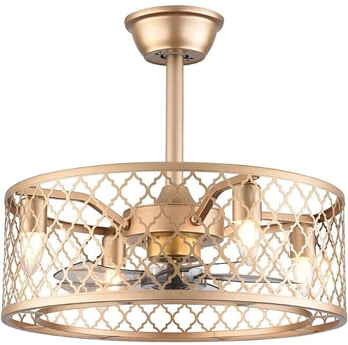 20inch Industrial Ceiling Fan with Lights Enclosed Ceiling Fan Indoor w/Remote, Gold Caged Retro Ceiling Fan Metal Bladeless Chandelier Fan Lighting Fixture for Living Dining Room Bedroom Kitchen