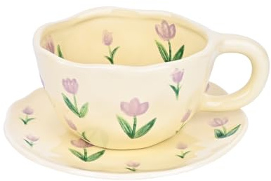 Koythin Taza de café de cerámica con platillo, bonita taza de flores para oficina y hogar, 250 ml para té con leche, tazas de frutas adecuadas para mamá en el día de la madre (tulipán morado)