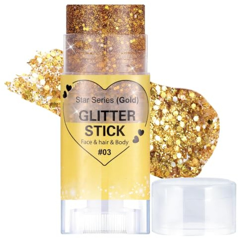 Prreal Body Glitter, Mermaid Pailletten Glitter Stick Face Sparkling Chunky Holographic Hair Gliter, Lips Nails Festival Rave Halloween Makeup, 03 Gold