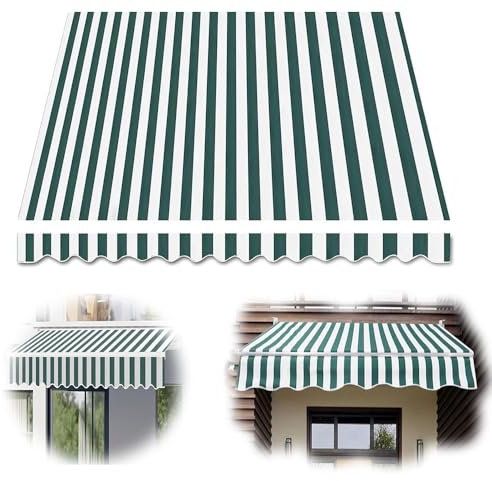 Tenda da sole retrattile per esterni, in tela di ricambio verde e bianca, 2,4 x 2,7 m, per giardino, balcone, terrazza, mercato, tessuto resistente, protezione UV