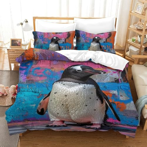 Lorolivier Penguin Set Di Biancheria Da Letto Stampato in 3D Con Federa, Fodera Per Piumino Da Con Chiusura A Cerniera, Microfibra Morbida Adatto A Bambini Adulti Single（140x200cm）