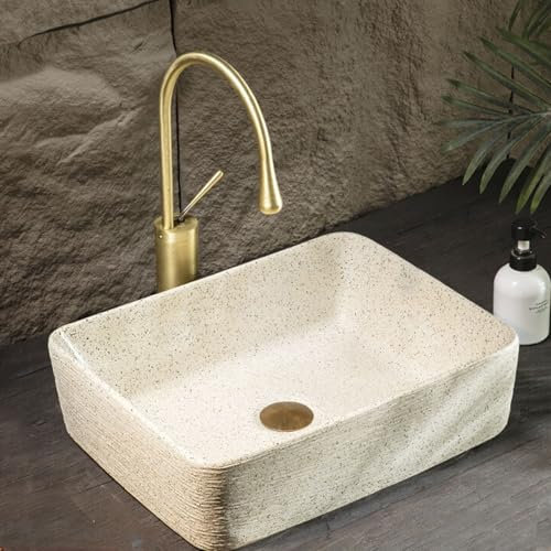 Lavandino da appoggio, Grande lavabo da Bagno Artistico con Rubinetto, lavabo da appoggio Rettangolare in Ceramica Fatto a Mano, lavabo da appoggio con Texture Spazzolata a Mano, Adatto per