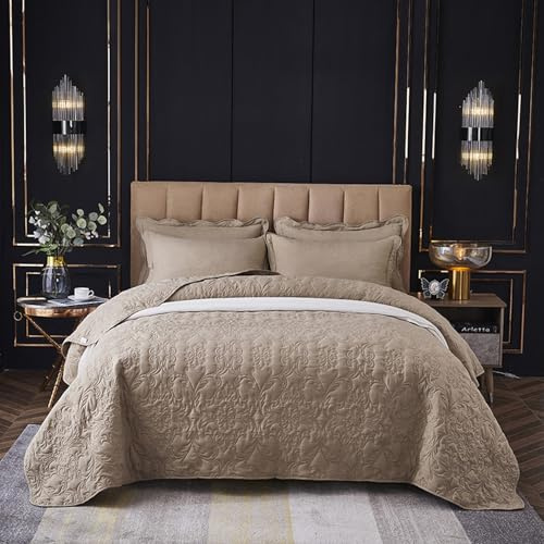XIUWOUG Couvre-Lit boutis 260x240 cm avec 2 Taies d'oreiller, Dessus de Lit Couvre Lit 2 Personnes, Couvre-Lit Matelassé,Light Camel,240X260CM