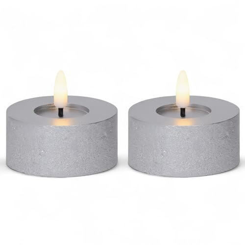 MIJOMA LED-Echtwachskerze mit realistischer Flamme, Timer und batteriebetrieb | Indoor LED-Kerze mit warmweißem Licht | Natürliche Optik (Silber matt - Teelichter, Ø7cm x 6cm)