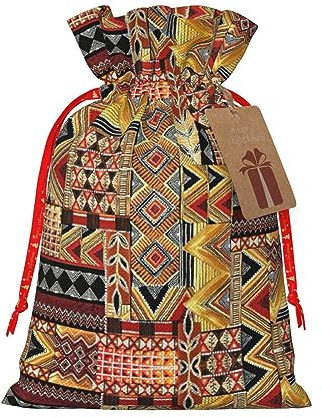 HJLUUFT Afrikanischer Textil-Patchwork-Druck, Jutebeutel, Weihnachtsgeschenktasche mit Kordelzug und Geschenkanhänger, Hochzeit, Weihnachten, Partygeschenk