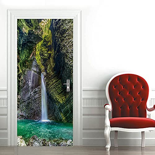 3D Türaufkleber Bergbach Wasserfall Türposter 3D Türsticker Selbstklebend Tapete Wasserdichtes Abnehmbare Wohnzimmer Wandtattoos Vinyl Wandbild Wohnkultur B100 x H200cm