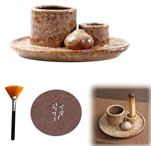 4 in 1 Keramik Räucherschale, Räucherstäbchenhalter für Palo Santo, Räucherschalen für jedes Räucherwerk, Feuerfeste Schale Räuchern mit Mat und Bürste für Meditationsraum Yoga (Weiß Gesprenkelt)
