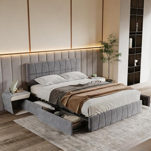PerGar Bett mit Stauraum 4 Schubladen, Doppelbett Bettrahmen, Polsterbett mit Lattenrost und Metallrahmen, Höhenverstellbares Kopfteil, Modernes Bettgestell, Jugendbett, Samt, Grau (160x200cm)