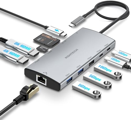 RSHTECH USB C Hub 3.2 Dual Monitor, Aluminum 11-in-1 USB-C Docking Station with Dual HDMI (8K@30,4K@60), 3x 10Gbps USB 3.2 (2C+1A), 2x USB 3.0 Ports, Ethernet Adapter, 100W PD and SD/TF (RSH-T11H)