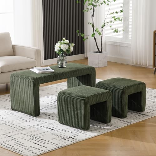 Ya-Home Modern Dining Bench Window Seat with Footstools 103cm, Green | Corduroy Fabric, Solid Wood Frame, High Density Foam, for Hallway/Entryway/Dining Room