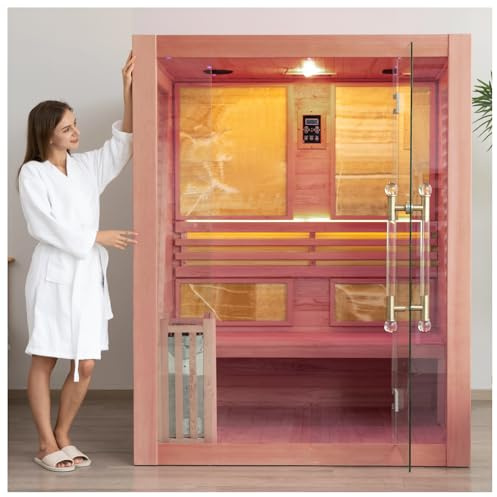 amocane Sauna de vapor de cedro para interiores, sauna de madera para 1 a 2 personas con calentador Harvia de bajo EMF de 3 KW, kit de accesorios de sauna de lujo con respaldo de sauna, cubo y rocas