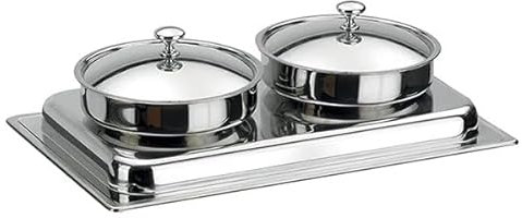 Pintinox Soupière chauffée Buffet, 2 postes, 5 litres chacune, acier inoxydable, avec couvercles et cuisinières, ligne Caleido
