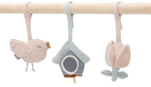 Jollein Spielbogen Baby Anhänger – Lovely Birds – 3er-Set Baby Spielzeug mit Vogel, Vogelhaus & Blume – Fördert Sinne & Motorik – Für Baby Spielbogen – Altrosa/Seegrün