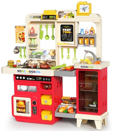 Pupu Pig Kids Kitchen Playset, Play Kitchen with Stove, Grill, Sink, Play Food, ToyKitchen Accessories, Cooking Kitchen with Lights Sound Steam, Pretend Play Toys for Kids Toddler Birthday Gifts