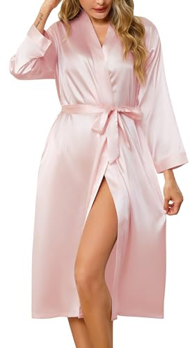 Lovasy Silk Dressing Gown Women's Satin Robes Long Ladies Kimono Dressing Gowns Lightweight Bride Bridesmaid Silk Robe Soft Satin Bath Robe with Pockets,Pink,L
